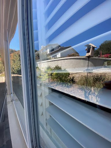 Freshly cleaned window with shutters and a clear reflection of the street outside